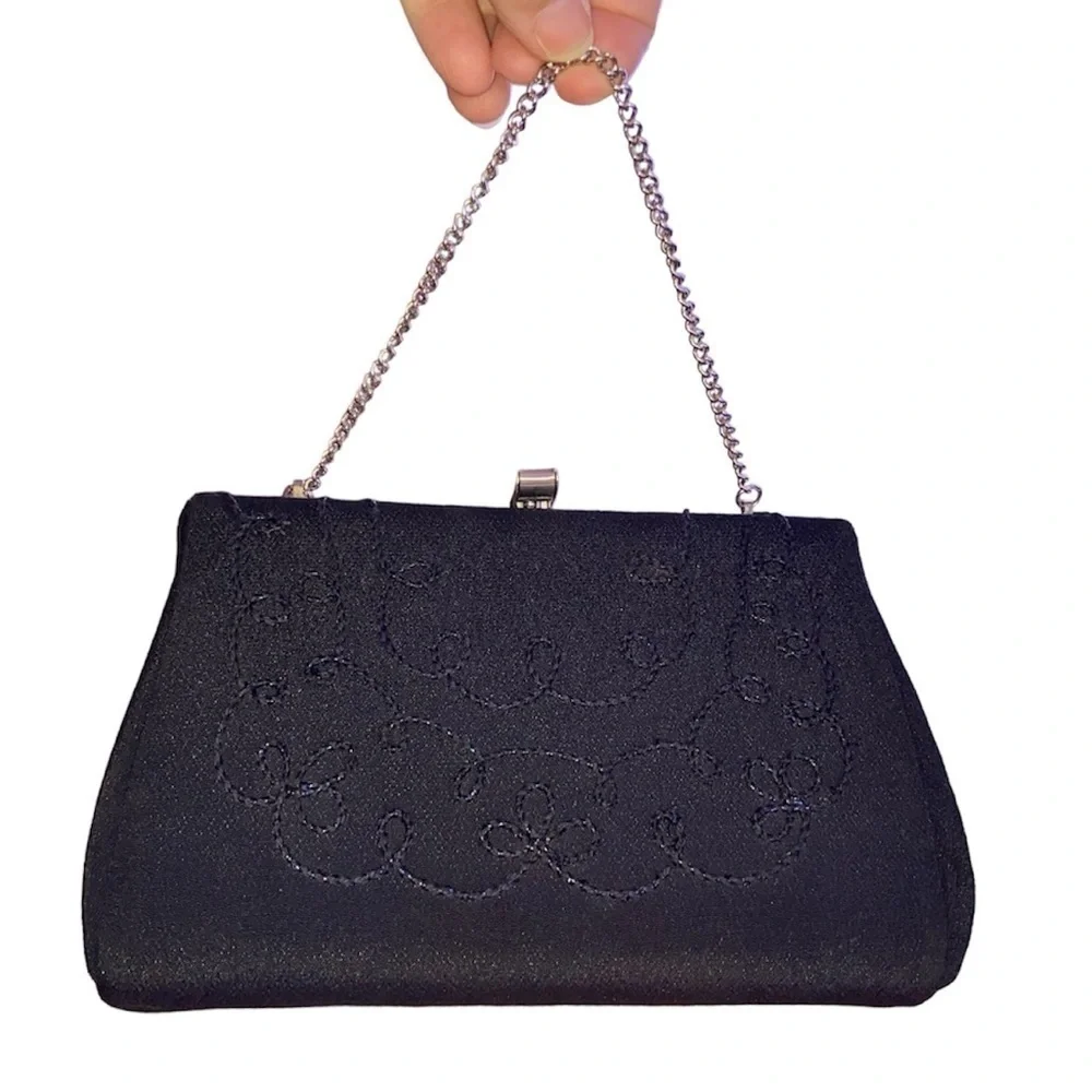 Vintage Evening Bag/Clutch Beaded Design Silver Tone Chain and Hardware Black